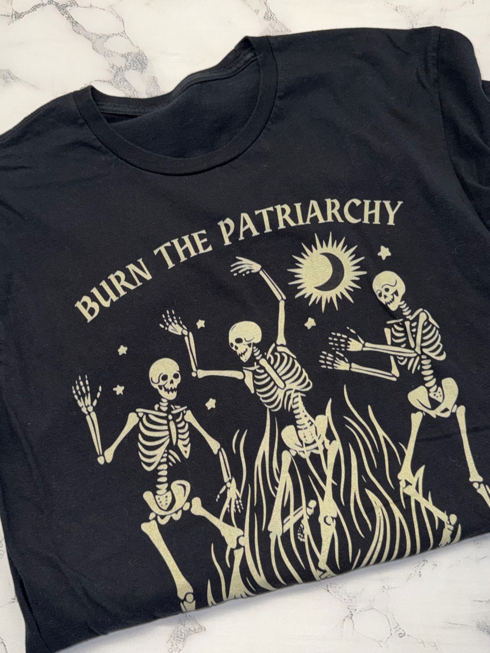 Burn the Patriarchy - Graphic Tee - Black with Cream Skeleton Design